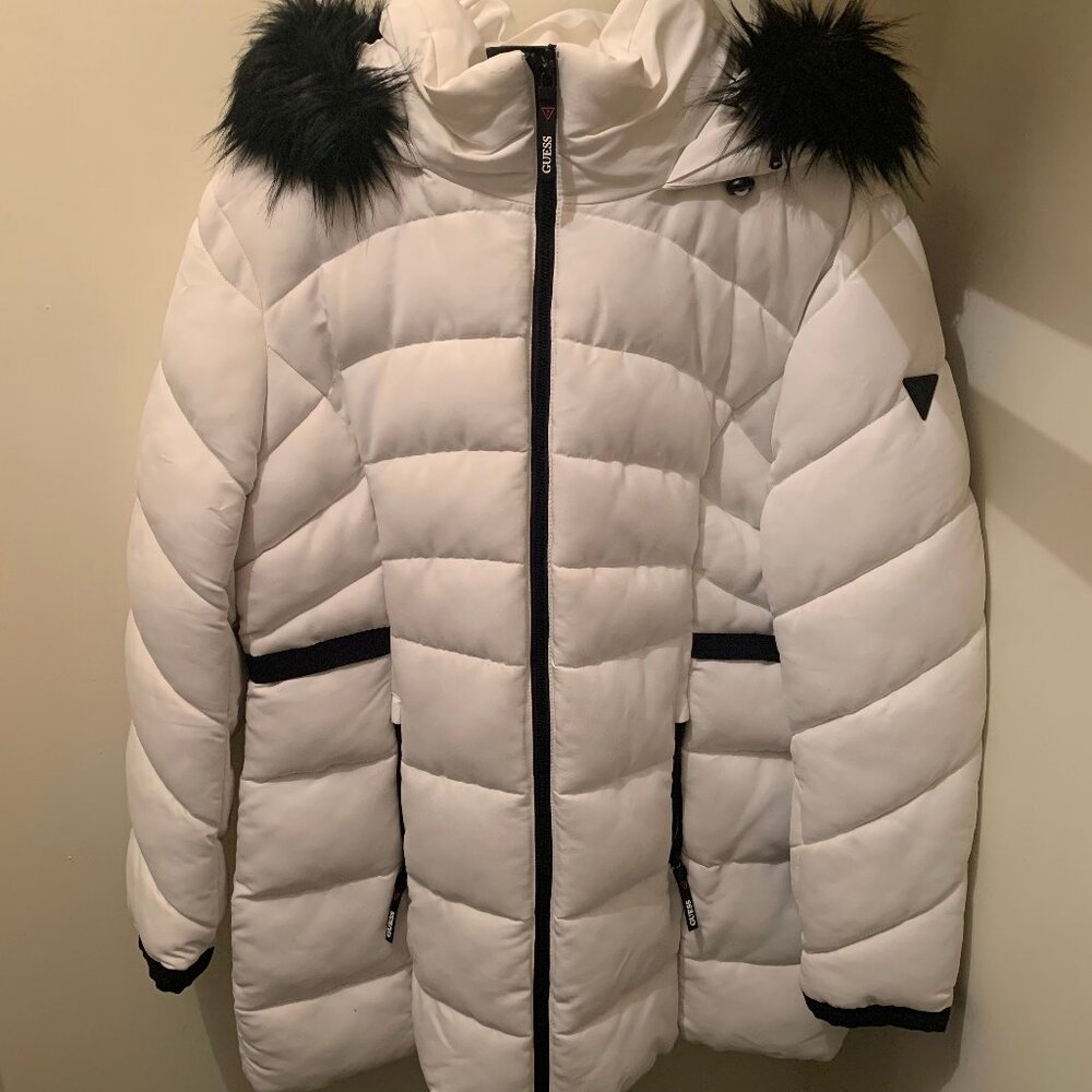 GUESS White Puffer Coat Faux Fur Hood Women's Winter Jacket XL